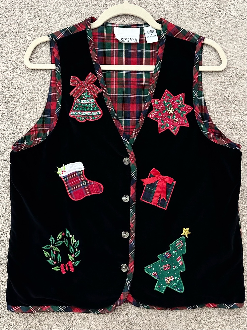 Vintage 90s Embroidered Red Plaid & Black Velvet Holiday Vest- Teacher Christmas